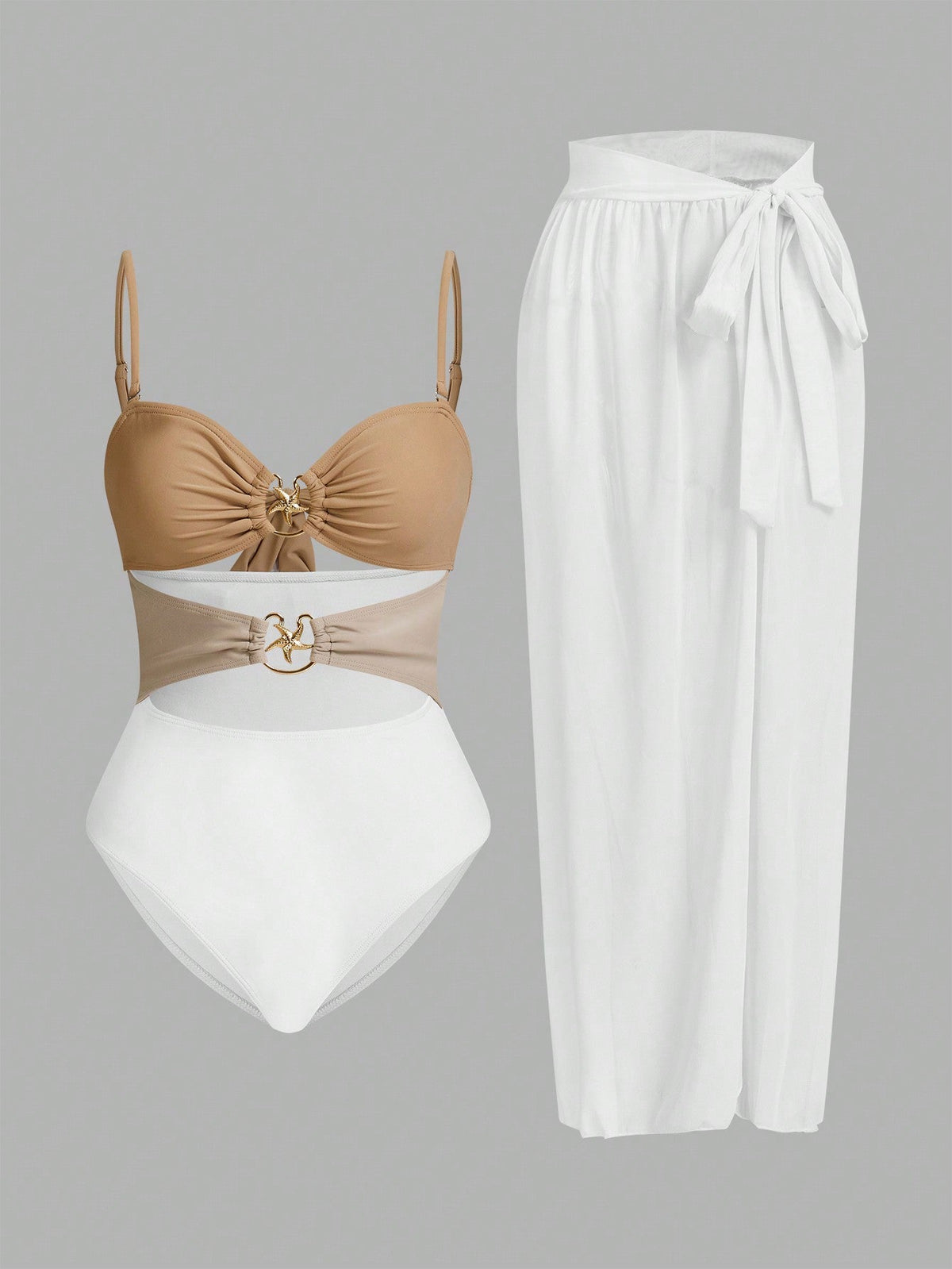 Conjunto De 3 Peças Maiô Com Decote Vazado E Saia Com Detalhe De Amarração Zuleica