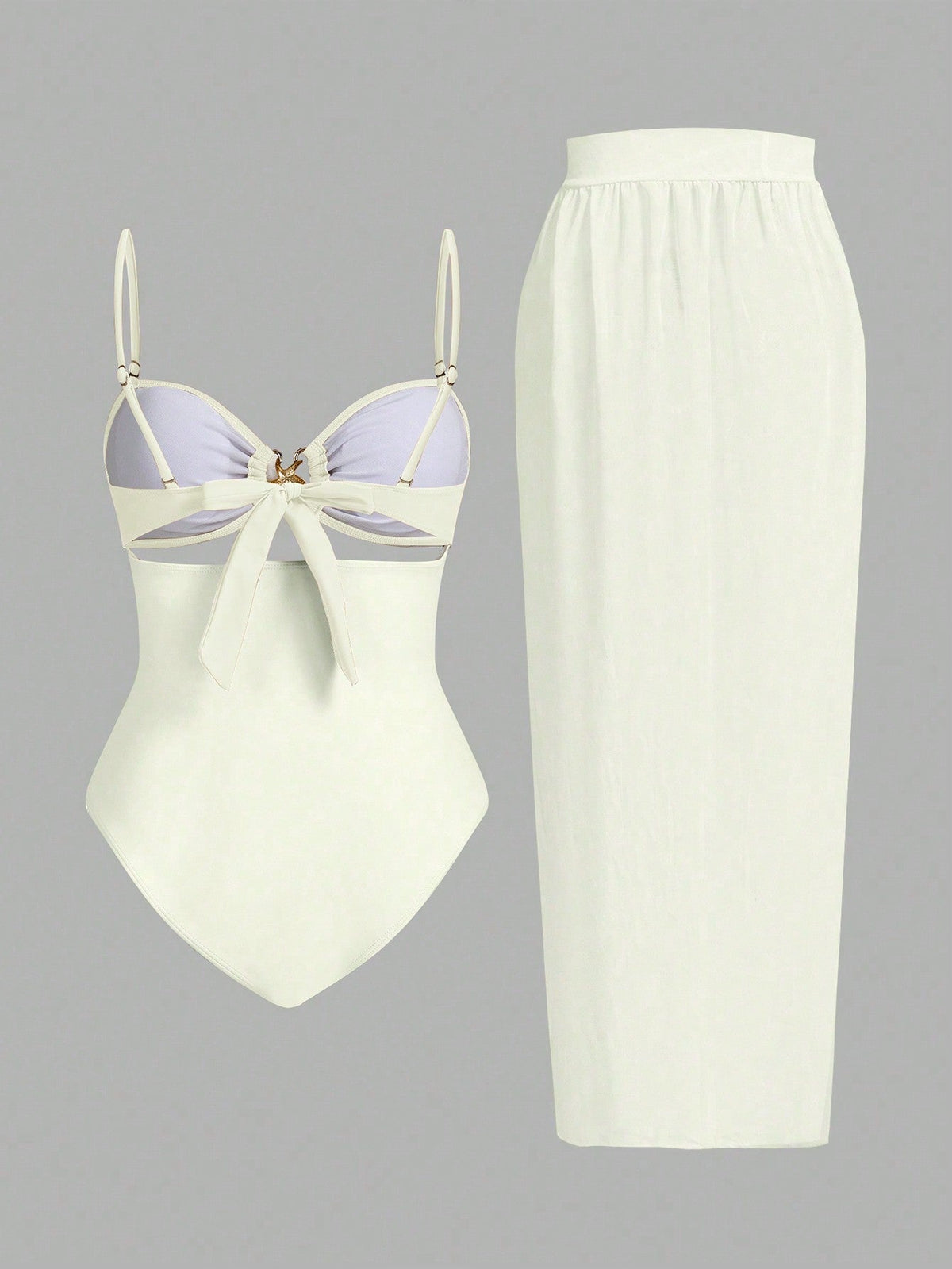 Conjunto De 3 Peças Maiô Com Decote Vazado E Saia Com Detalhe De Amarração Zuleica