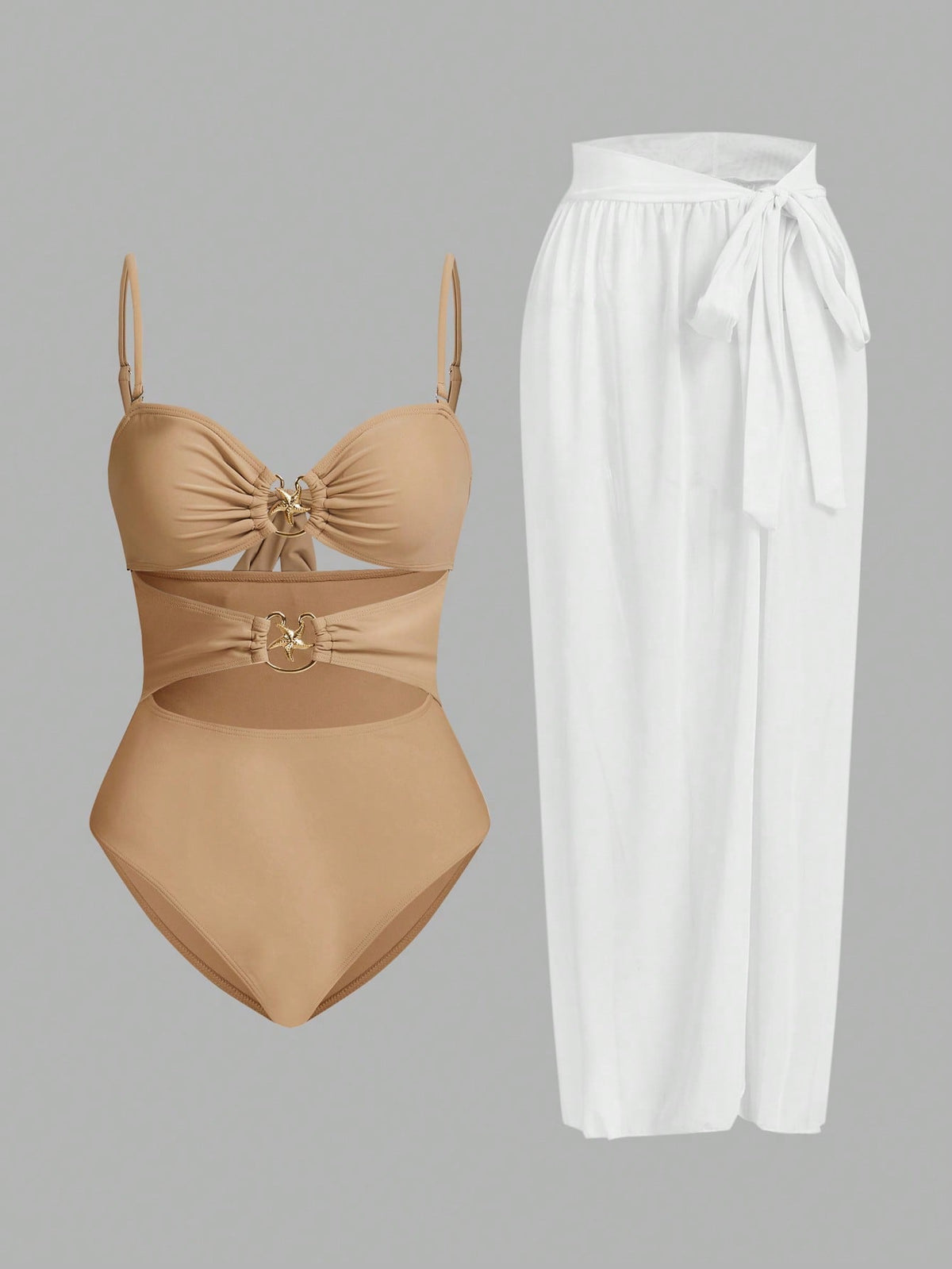 Conjunto De 3 Peças Maiô Com Decote Vazado E Saia Com Detalhe De Amarração Zuleica