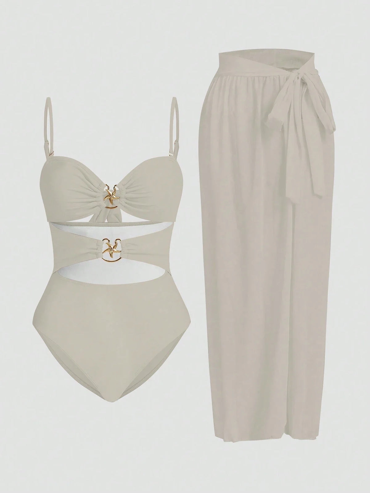 Conjunto De 3 Peças Maiô Com Decote Vazado E Saia Com Detalhe De Amarração Zuleica